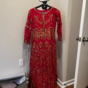 Pakistani Rafia Pink and  Gold Embroidered long Dress (One piece)